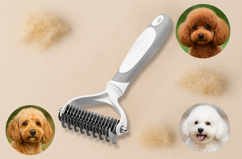 White dog dematting rake comb with stainless steel blades and an ergonomic handle, to remove tangles and reduce shedding.